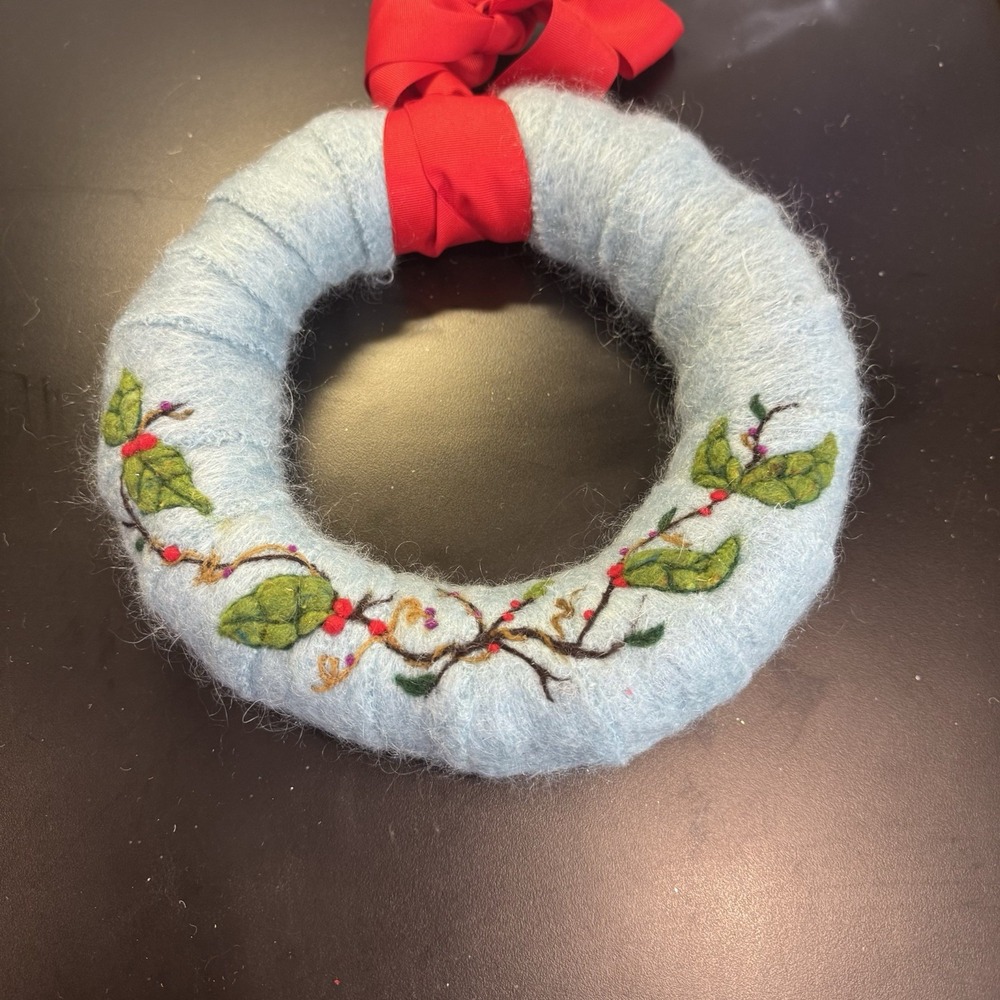 Felted Wool Wreath Christmas Blue & Green White Holly 10"‎ Soft Minimalist